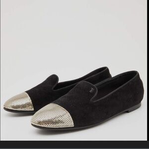 Tod's black suede loafers with gold sequin toes 38.5